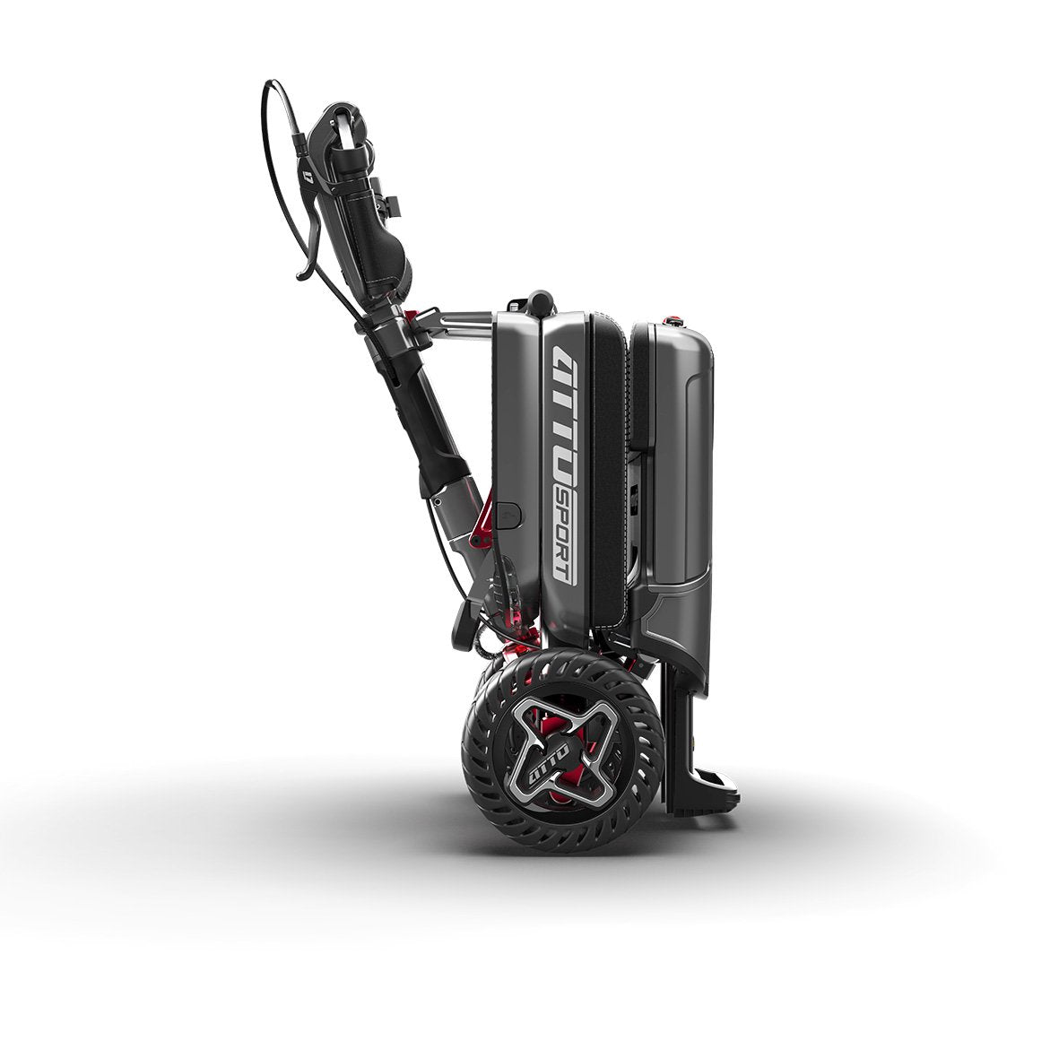 ATTO Sport folded into trolley mode, standing upright like a suitcase on its rear wheels.