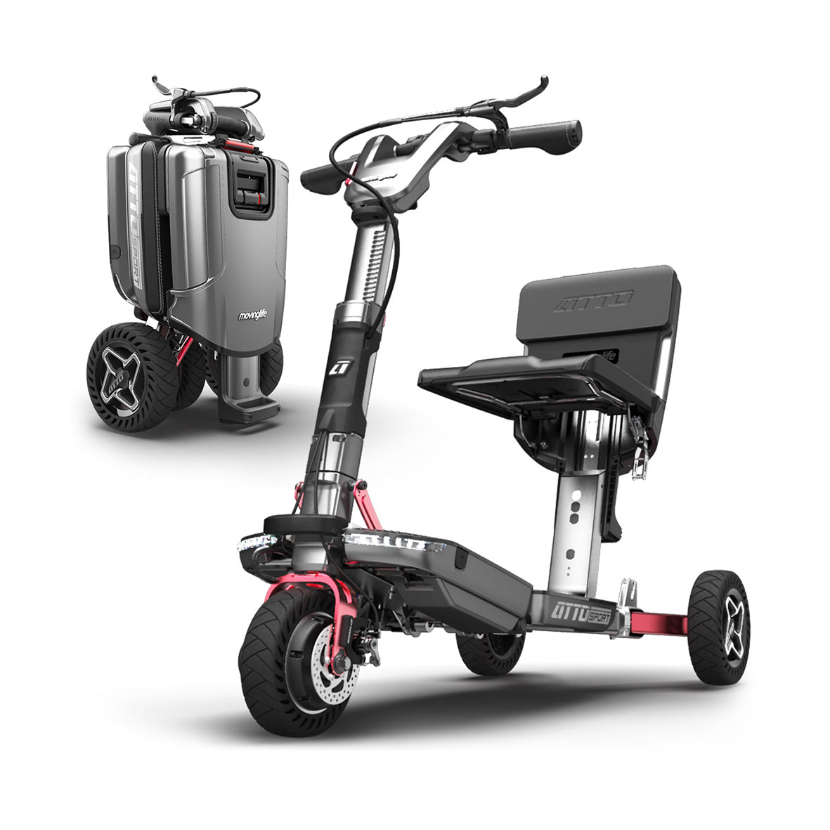 Movinglife ATTO Sport in drive mode — white, silver and black folding travel scooter.