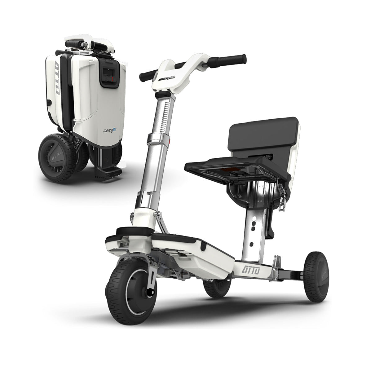 Movinglife ATTO in drive mode, with its folded trolley standing behind — white, silver and black travel scooter.